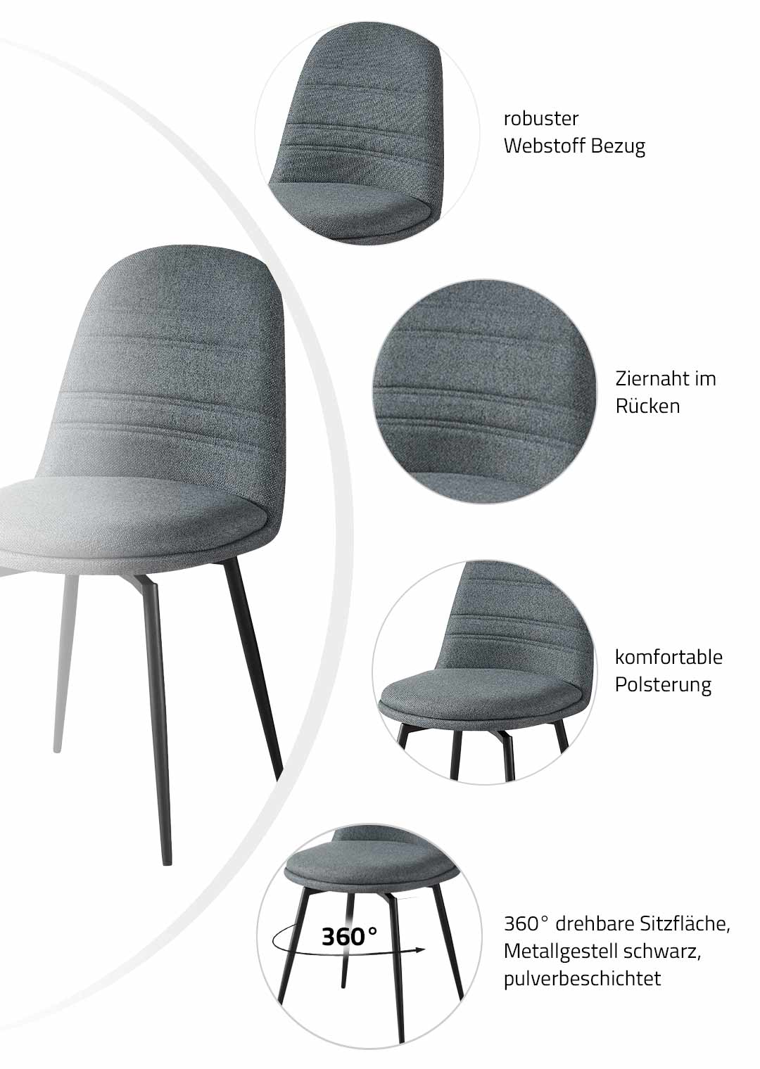 Polsterstuhl grau 360° drehbar Webstoff - LUMOS 